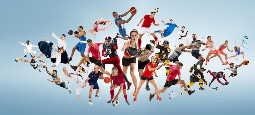Sport collage featuring people doing kickboxing, soccer, american football, basketball, ice hockey, badminton, taekwondo, aikido, tennis, rugby players and gymnast isolated on blue background