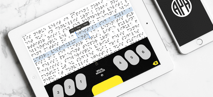 photo of a tablet running Visual Brailler app
