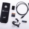 Back or bottom view of calculator case, two-prong adapter, USB cable, APH flash drive, ear buds, and 4 triple-A batteries