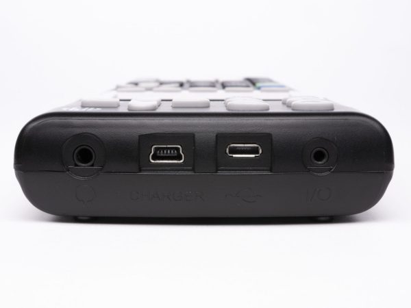Top side view of audio, charger, USB, and serial ports