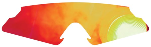 A red, yellow, and white insert for safety glasses depicting Glaucoma laid flat against a white background