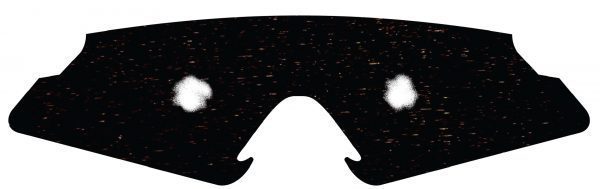 An insert for safety glasses depicting Retinitis Pigmentosa laid flat against a white background. The insert is black with two white circles where the center field of vision would be.