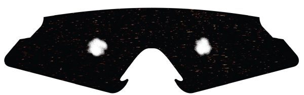 An insert for safety glasses depicting Retinitis Pigmentosa laid flat against a white background. The insert is black with two white circles where the center field of vision would be.