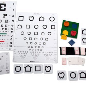 A variety of acuity measurement charts, symbol cards, and a puzzle board laid out on a white background.