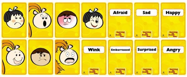 Facial Expression Cards from Getting to Know You. 7 show faces and 7 show words.