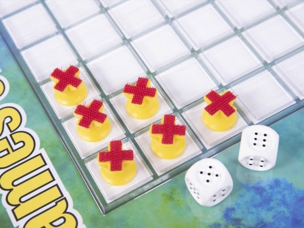 Games of Squares 8x8 grid board, dice, and X/O game tokens with hook and loop material