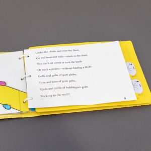 Gobs of gum - A story clipped into the yellow OTWL sound page with two digital device recorders inserted. On the left is an illustration that accompanies the story's description of a banister covered in gum.