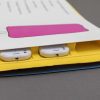 Gobs of gum - A story clipped into the yellow OTWL sound page with two digital device recorders inserted. On the left is an illustration that accompanies the story's description of a banister covered in gum.