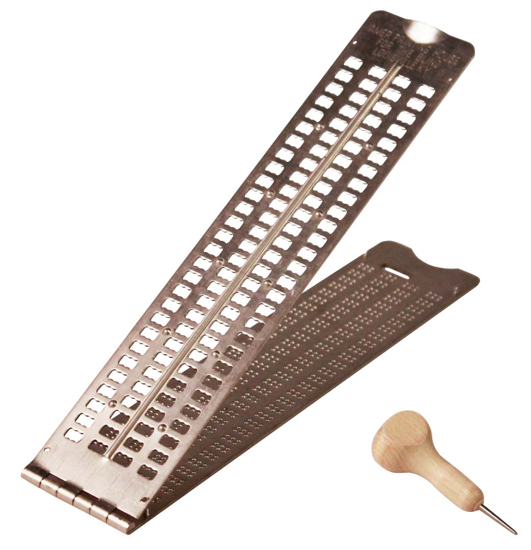 Pocket Braille Slate (Pins Up), Heavyweight Metal, Slotted for Labeling Tape,  with Large Handle Stylus