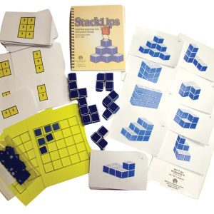 All components of the StackUps kit laid out on a white background. This includes the stacked cube arrangement cards, the raised line grid pack with blue square tiles, the mat plan card set, and a set of 20 blue cubes, as well as the printed manual.