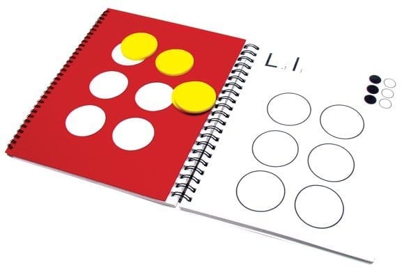 lots of dots workbook with red and white pages and yellow dots