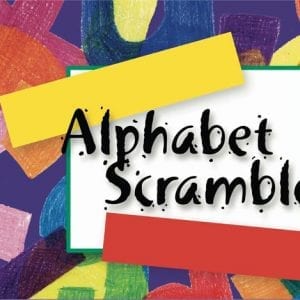 Colorful graphic book cover of Alphabet Scramble composed up of letters drawn in crayon. Yellow and red rectangles border a white square in the middle of the image that reads "Alphabet Scramble".