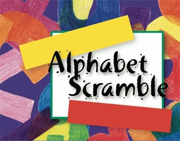 Colorful graphic book cover of Alphabet Scramble composed up of letters drawn in crayon. Yellow and red rectangles border a white square in the middle of the image that reads "Alphabet Scramble".