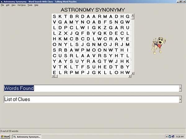 Talking Word Puzzles CD Rom screen. Display is similar to a wordfind puzzle with a board of jumbled letters.