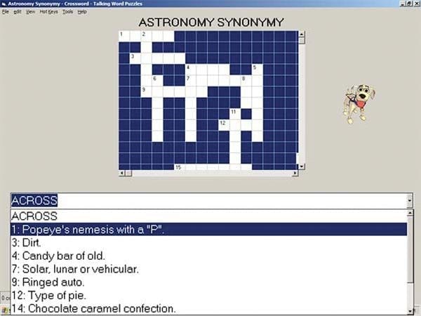 Talking Word Puzzles CD Rom screen. Display is similar to crossword puzzle with board and clues