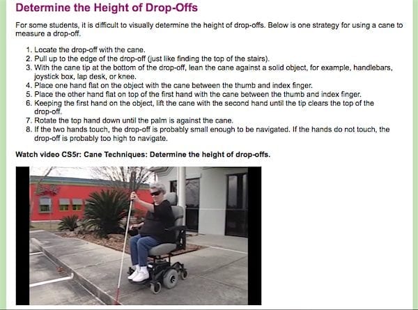 Orientation and Mobility for Wheelchair Users screenshot with directions for determining the height of drop offs. Woman in wheelchair uses cane to measure height of curb.