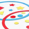 A picture of large textured circles that overlap. Inside are differently textured shapes including stars, circles, triangles, and squares in shades of red, yellow, and blue.