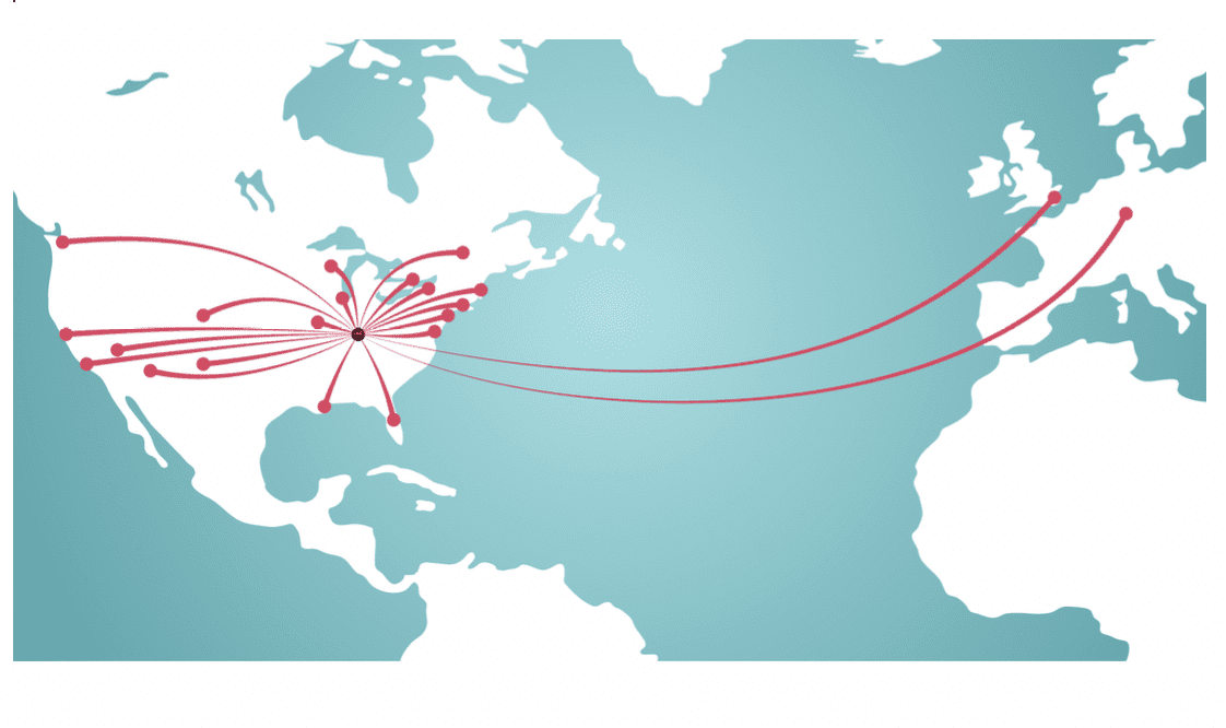 a section of a map of the world with lines coming out from louisville to all the locations traveled. text reads "Where in the world is APH?"