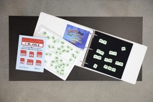 A sample of the contents of the kit including book, tray, binder, felt board, and velcro braille syllables
