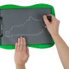 A tactile graphic in the shape of Kentucky drawn on tactile drawing film is attached to the green TactileDoodle frame. Two hands are in the photo; one is holding the film in place, and the other is tracing the outline of the Commonwealth