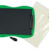Components of the TactileDoodle kit against a white background including the curved green frame with the black padded surface, the black stylus, and a package of tactile drawing film
