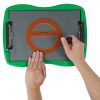 One hand holds an orange protractor in place on tactile drawing film attached to the green TactileDoodle frame. The other hand, holding the black stylus, is tracing the outside of the protractor