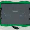 A tactile graphic of three angles drawn on tactile drawing film is attached to the green TactileDoodle frame. From left to right, there is an obtuse angle, a right angle, and an acute angle. The black stylus is placed below the frame