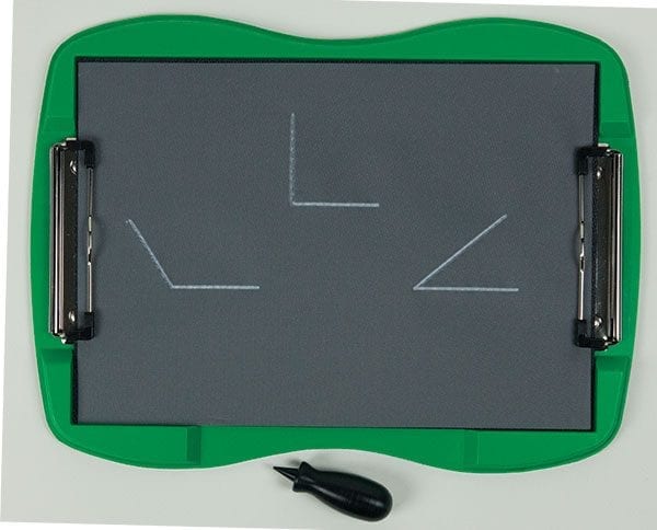 A tactile graphic of three angles drawn on tactile drawing film is attached to the green TactileDoodle frame. From left to right, there is an obtuse angle, a right angle, and an acute angle. The black stylus is placed below the frame