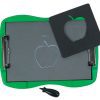 A tactile graphic of an apple drawn on tactile drawing film is attached to the green TactileDoodle frame. It has a braille label above it. The apple-shaped stencil is laid against the top right corner of the frame, and a black stylus rests below.