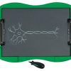 A tactile graphic of a neuron drawn on tactile drawing film is attached to the green TactileDoodle frame. The black stylus is placed below the frame