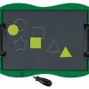 Tactile white outlines of a circle, a star, a square, and a triangle have been drawn on tactile drawing film attached to the green TactileDoodle frame. Yellow stencils are positioned around the page, and a black stylus sits below the frame.