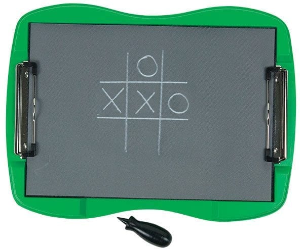 A game of tic-tac-toe drawn on tactile drawing film is attached to the green TactileDoodle frame. The black stylus is placed below the frame