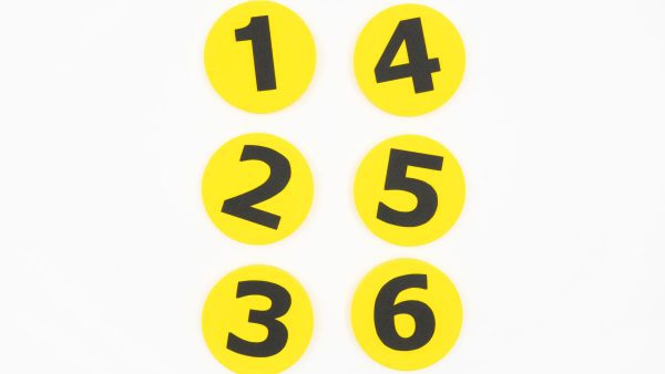 Yellow foam dots numbered 1 through 6. The dots are arranged to represent a braille cell.