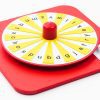 Overhead shot of the red Hop-a-Dot alphabet spinner. The interior of the spinner alternates between yellow and white. Each letter is printed in black.