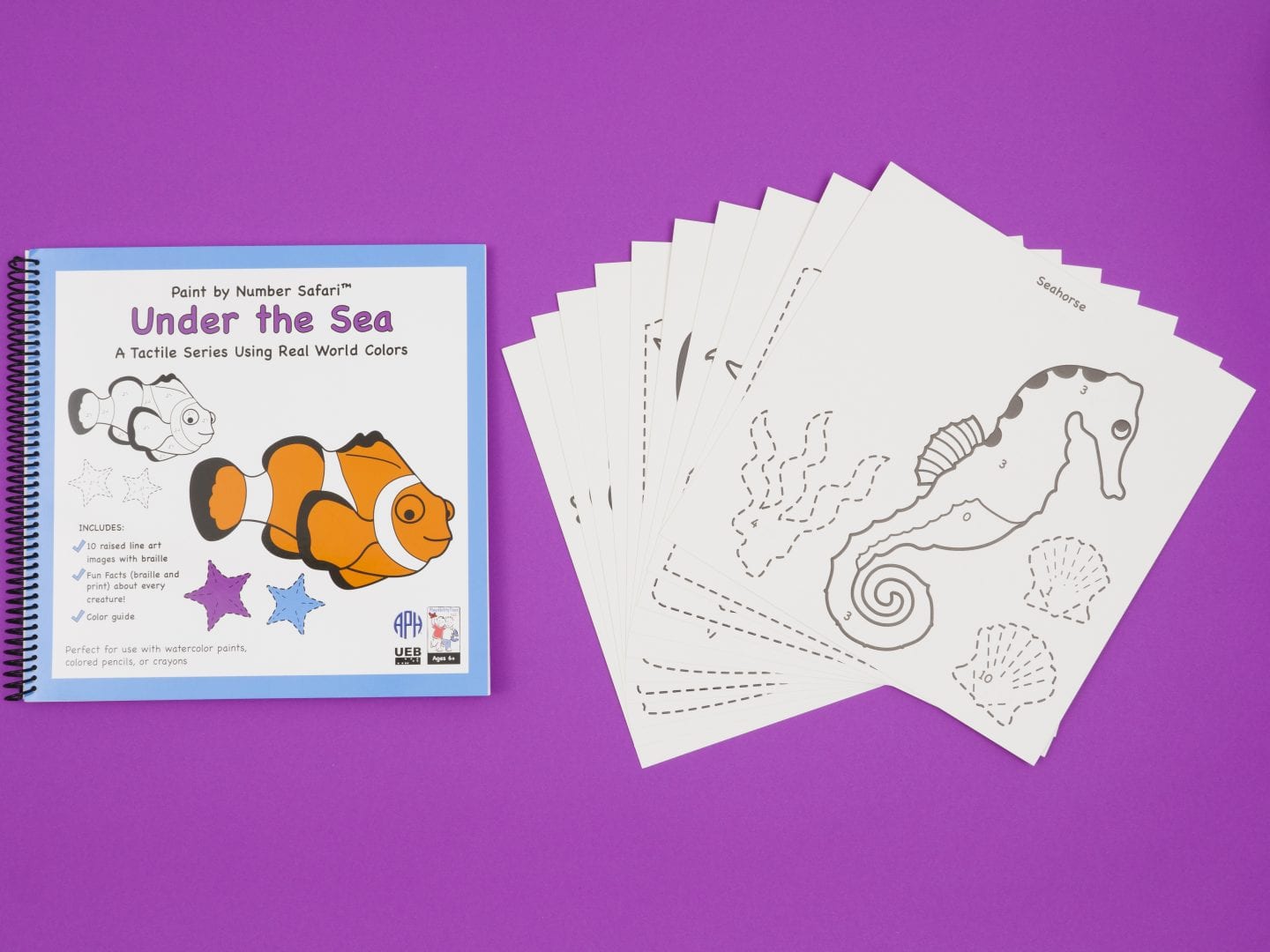 cover of under the sea book with example of raised line drawing of a seahorse