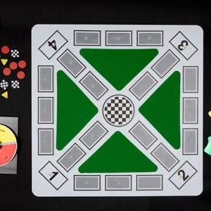Color Raceway game board, pieces, reflective color cards and spinner on black background