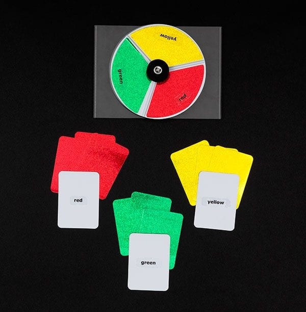 Color Raceway reflective color cards and spinner on black background
