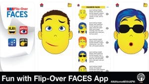 screen grabs of the Flip-Over FACES app including examples of the facial expressions that can be made. Text reads 