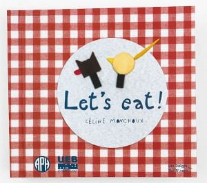 Let's Eat book cover featuring a red gingham background and a white circle with the words 