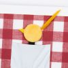 red gingham background with little fluffy chicken head and feather