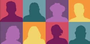 Change maker banner silhouette of people in colored square backgrounds