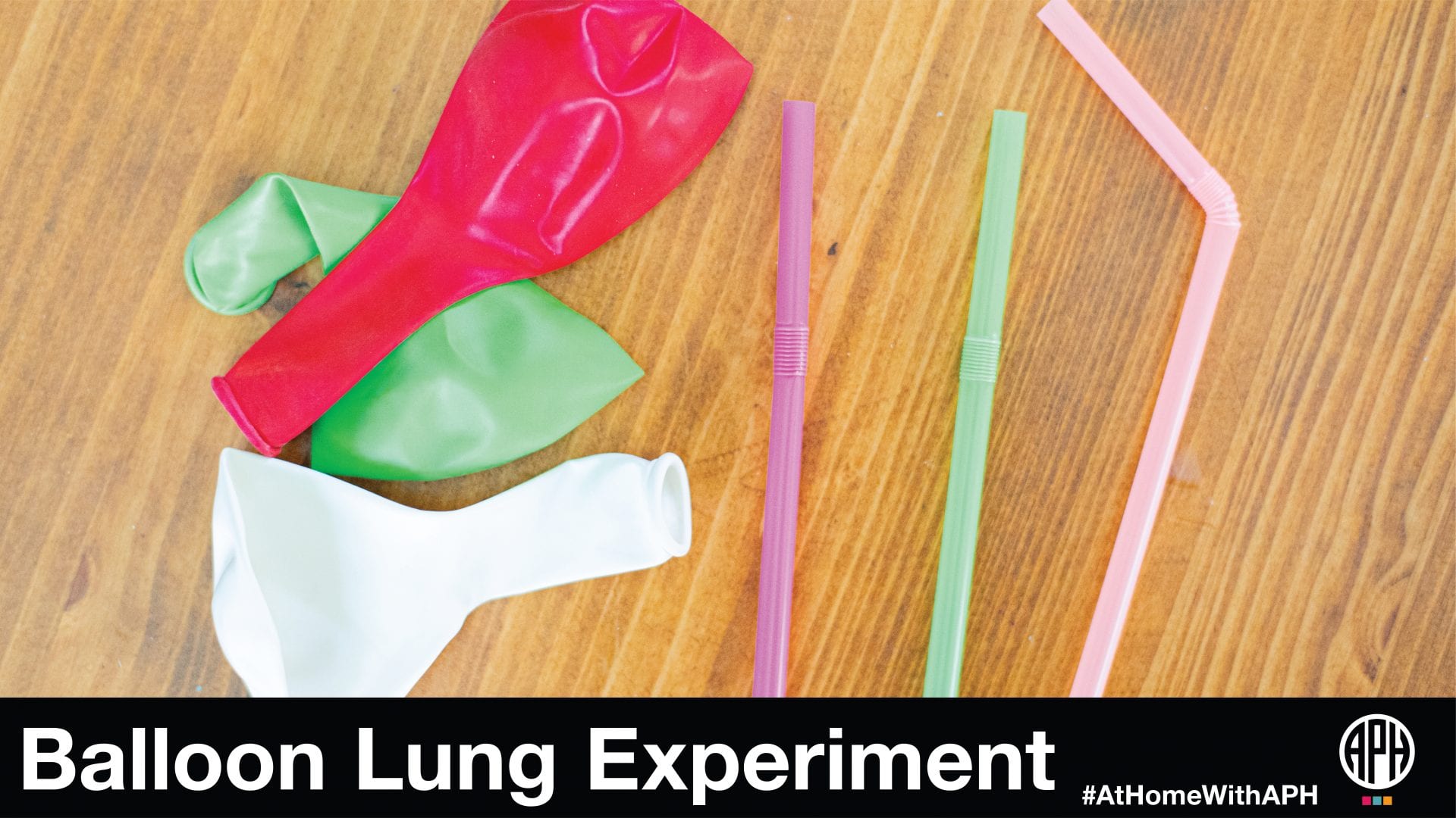 balloons and plastic straws on a table top. text reads "Balloon Lung Experiment #AtHomeWithAPH"