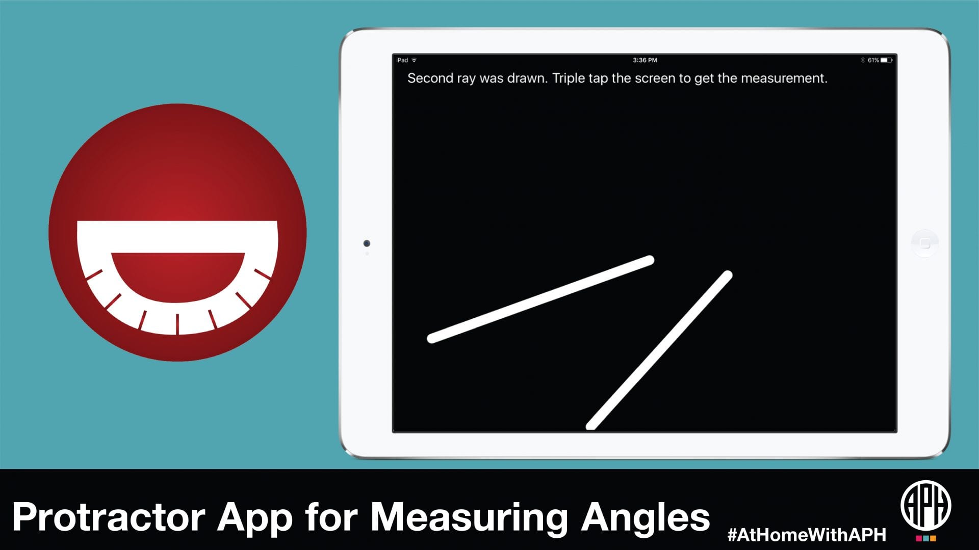 a graphic of he Draw2Measure logo and an illustration of a tablet. text reads "Protractor App for Measuring Angles #AtHomeWithAPH"