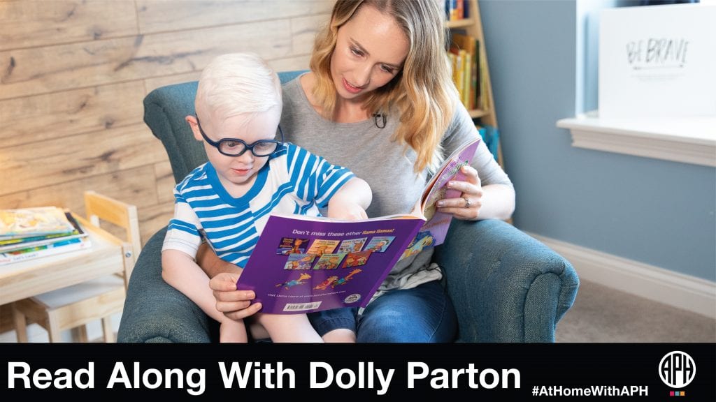 a mother and young son in glasses sitting in an arm chair reading a book. text reads