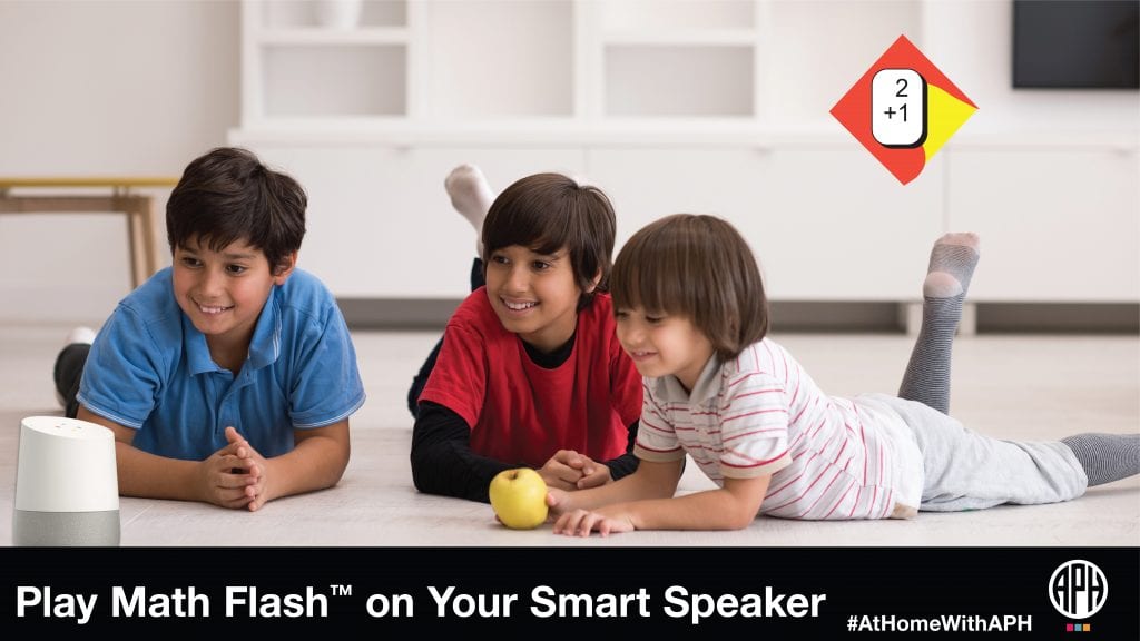 three children on the floor of a living room with a Google Home device. text reads 