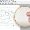 A screenshot of TactileView being used to create a tactile map of the United States. On top of the screenshot is a circular image that shows the final embossed version with a hand exploring the graphic.