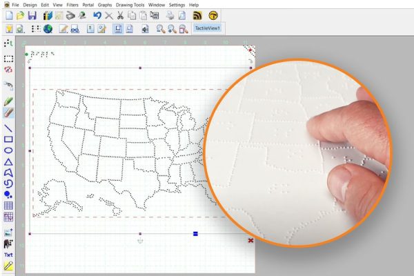 A screenshot of TactileView being used to create a tactile map of the United States. On top of the screenshot is a circular image that shows the final embossed version with a hand exploring the graphic.