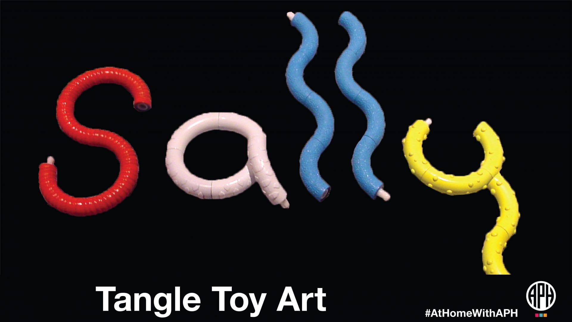 the name "sally" written in tangle toy segments on a black background. text reads "tangle toy art"