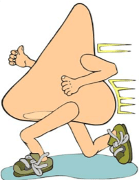 a illustration of a nose with arms and legs wearing sneakers and running fast