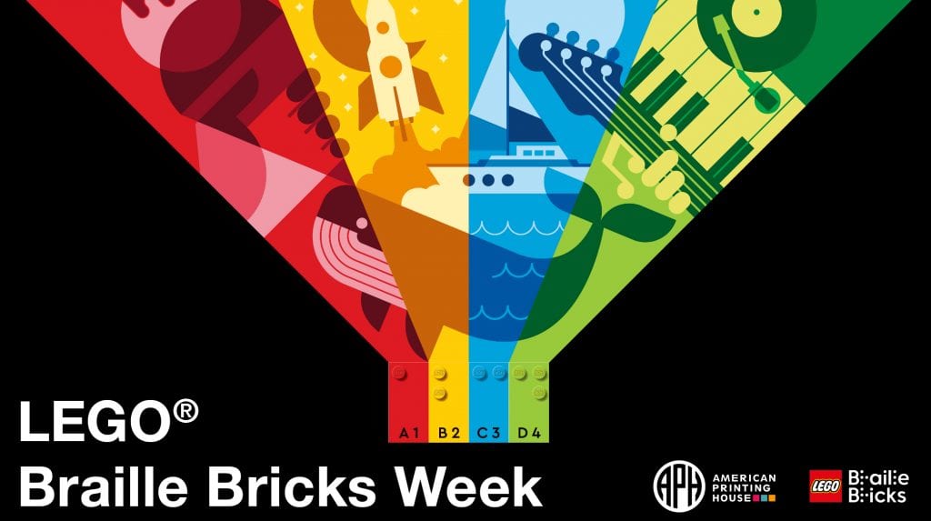 a design consisting of 4 LEGO braille bricks in red, yellow, blue, and green, from the legos, rays of the corresponding colors shine out like a light house. in the rays are a variety of objects like an ice cream cone, a guitar, a whale, a sail boat, and a rocket ship. text reads 